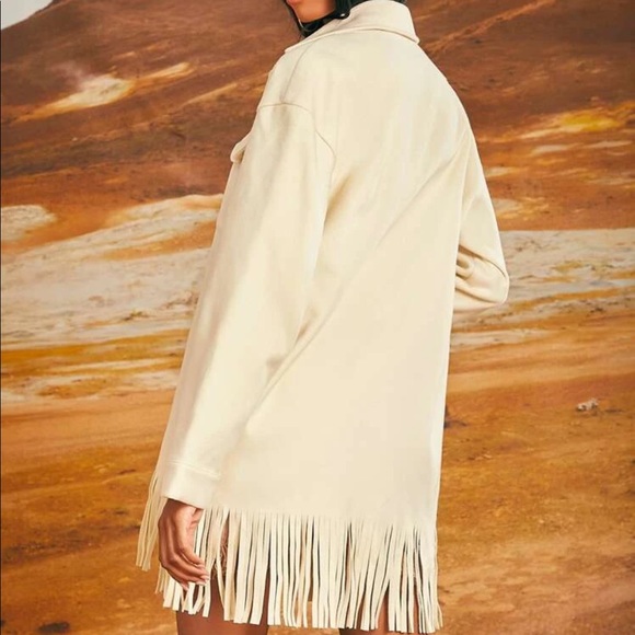 Cream Flap Pocket Drop Shoulder Fringe Hem Overcoat Sz XS New - Picture 2 of 5